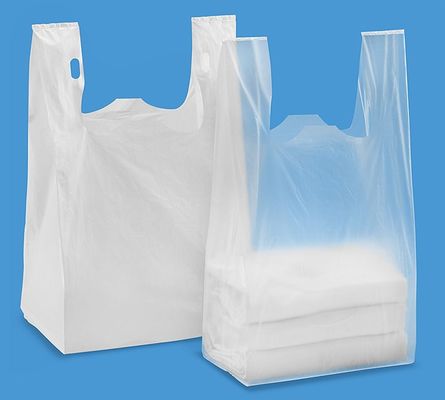 Sacs à provisions de T-shirt 13 MIC. 1000/case, couleur de WHITE avec l'impression, matériel de HDPE
