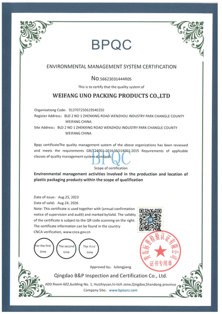 Chine WEIFNAG UNO PACKING PRODUCTS CO.,LTD Certifications
